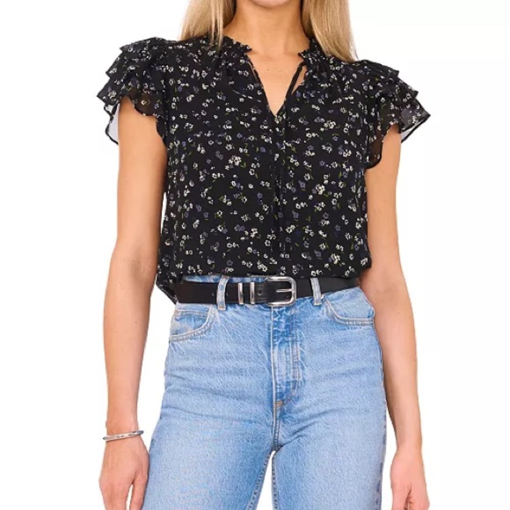 1. State Women's Flutter Sleeve Tie Neck Blouse